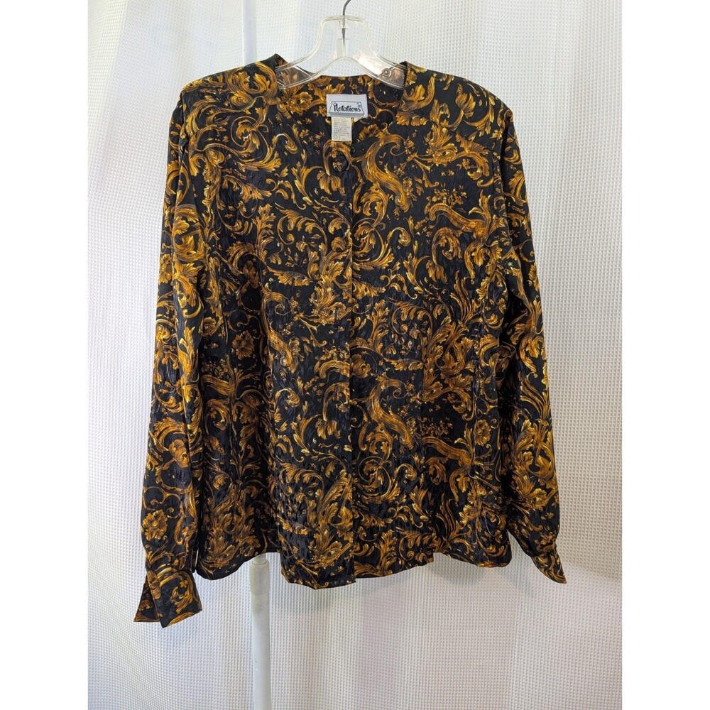 Notations Vintage 80s 90s Black Gold Floral Blouse Button Size 8 Mob Wife (G12)